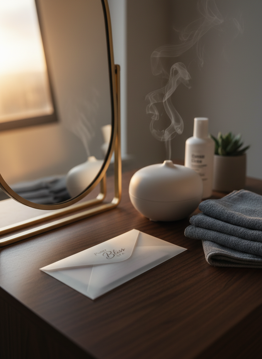 A chic, narrow gift envelope made of thick, matte vellum containing a visible Pure Bliss Spa gift card, placed on a dark walnut vanity surface beside an oval mirror with a thin brushed-gold frame. Next to the envelope, a minimalist ceramic diffuser releases a barely visible wisp of vapor, and a stack of slate-gray facial cloths sits neatly folded. Warm golden-hour light streams in from a side window, catching the edge of the envelope and reflecting softly in the mirror, while the background fades into a subdued blur. Photographic realism, shot from a low, three-quarter angle that emphasizes depth and rich textures. The ambience is moody yet serene, suggesting an evening ritual enhanced by a sophisticated spa gift.