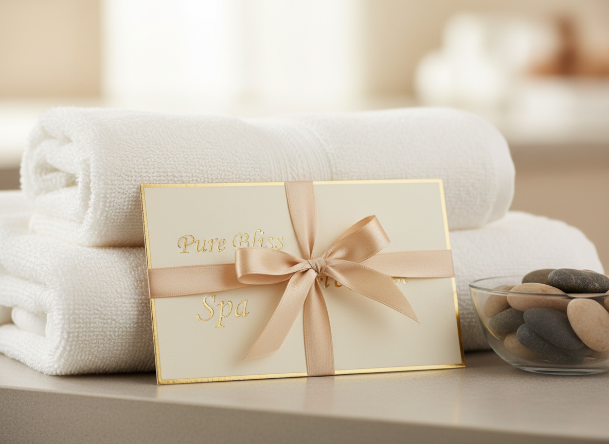 A luxurious ivory spa gift card with embossed gold foil lettering reading “Pure Bliss Spa,” resting on a folded stack of plush, cloud-white towels. The card is wrapped in a satin ribbon the color of champagne, its texture smooth and slightly reflective. It sits on a pale stone countertop beside a minimalist glass bowl filled with polished river stones. Soft, diffused daylight filters in from an unseen window, creating gentle highlights on the card’s edges and subtle shadows in the towel’s terry loops. Photographic realism, shot at eye level using a shallow depth of field so the background melts into a creamy blur, conveying a serene, sophisticated atmosphere ideal for calm wellness gifting.